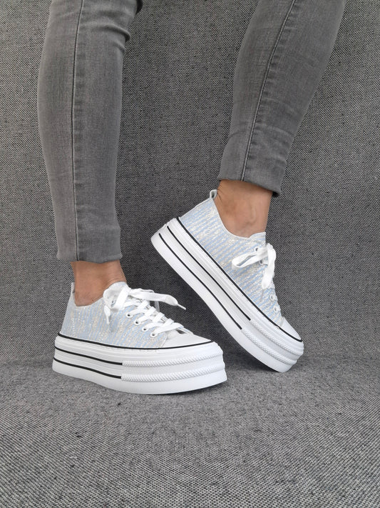 Chaussures baskets à rayures brillantes bleu semelle compensée style converse