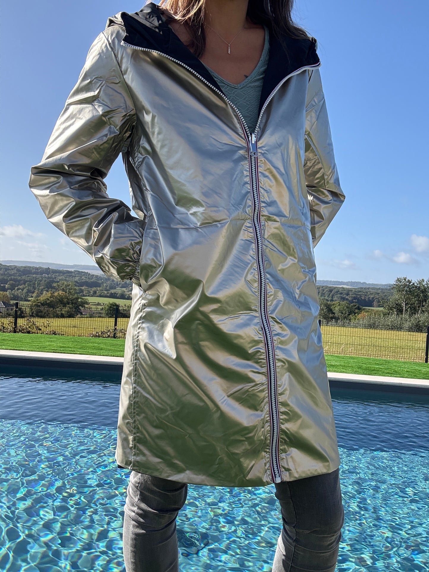 Melya Melody - Manteau léger long réversible imperméable noir doré