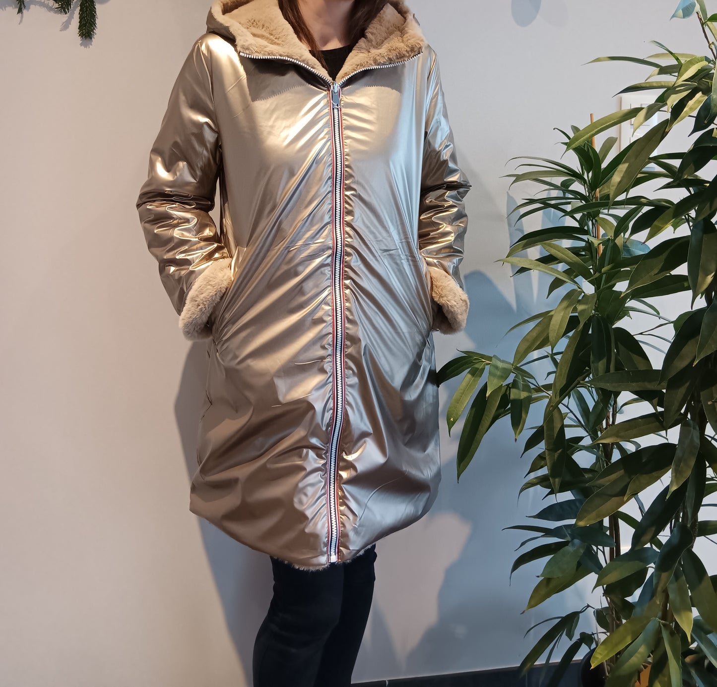 Melya Melody - Manteau long fourré fausse fourrure réversible imperméable doré