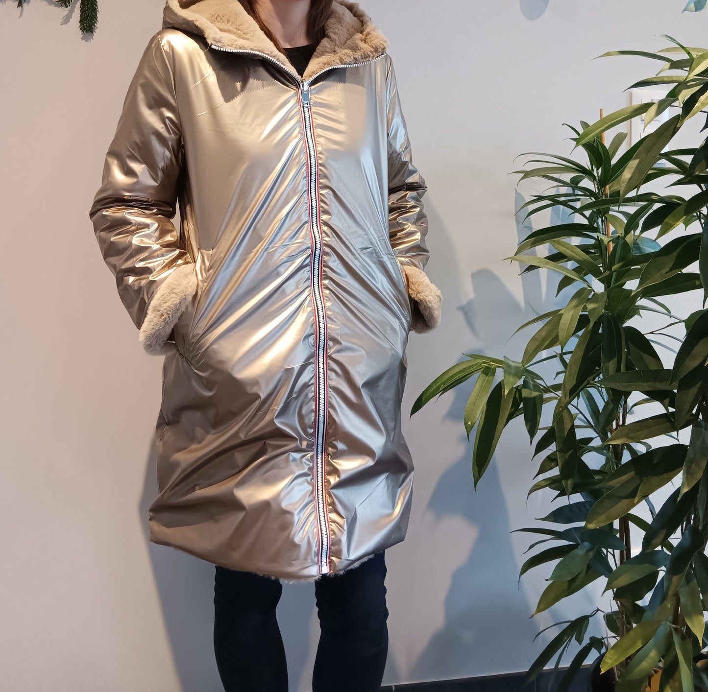 Melya Melody - Manteau long fourré fausse fourrure réversible imperméable doré