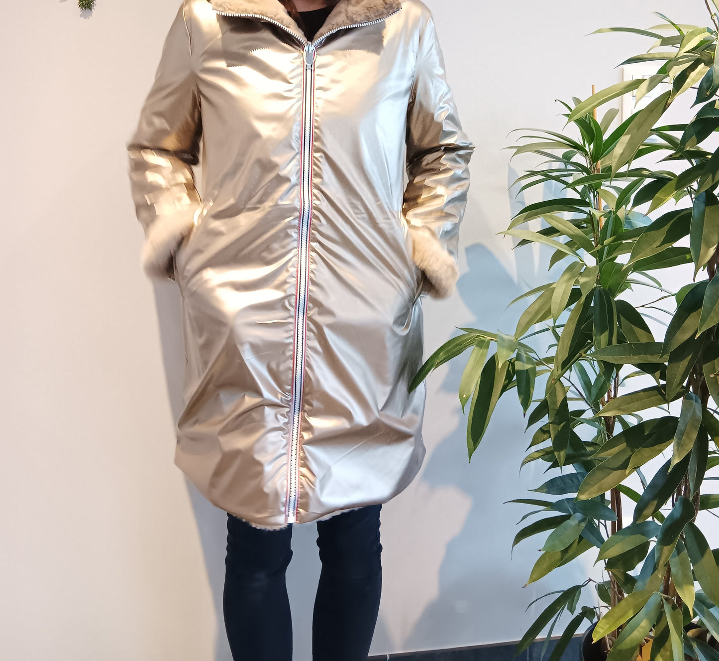 Melya Melody - Manteau long fourré fausse fourrure réversible imperméable doré