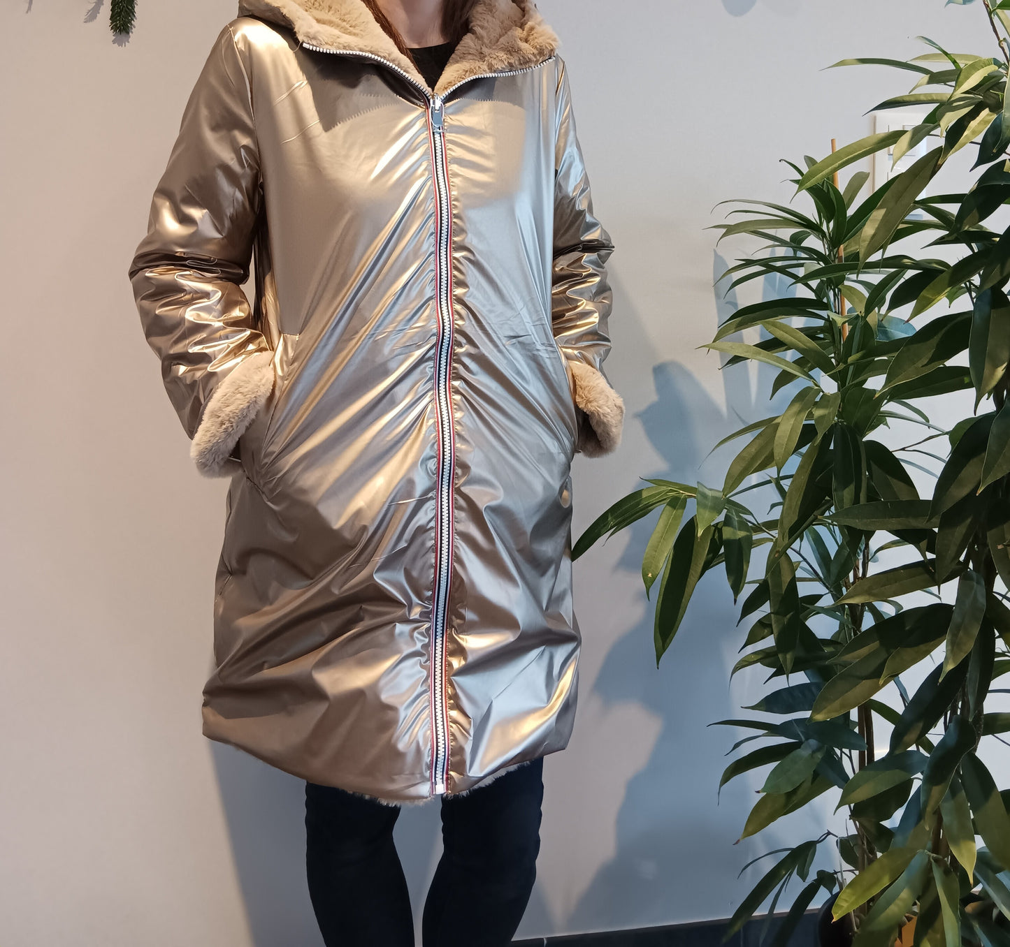 Melya Melody - Manteau long fourré fausse fourrure réversible imperméable doré