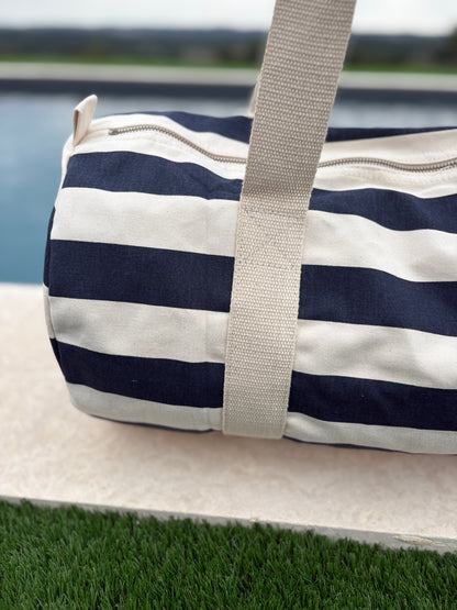 Sac polochon en coton rayé bleu marine et blanc