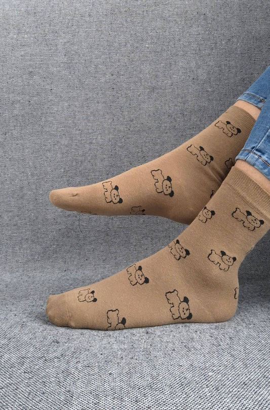 Paire de chaussettes marrons en coton à motifs chiens noirs