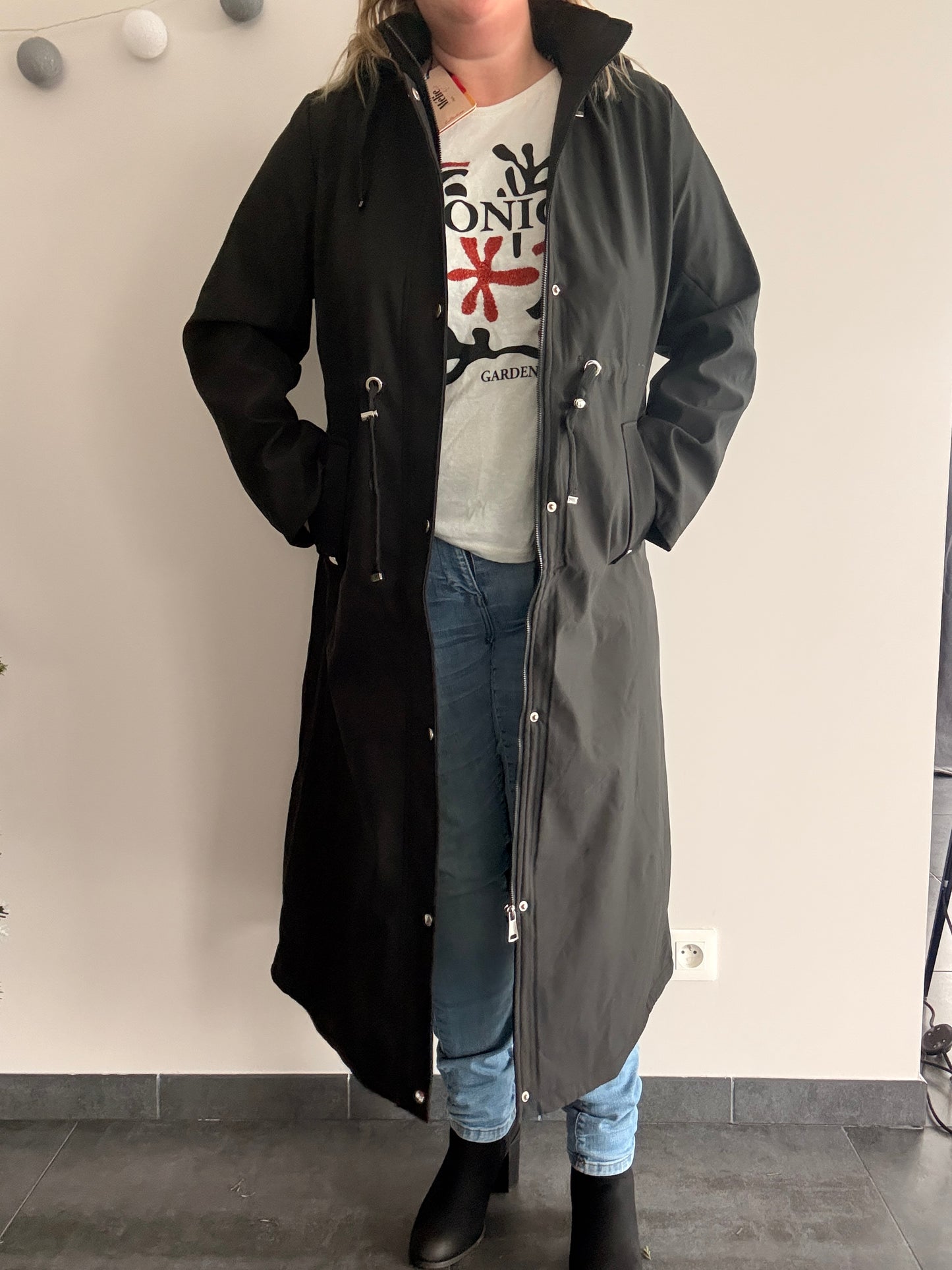 Manteau long imperméable fourré type trench ciré hauteur genoux noir - Curvy