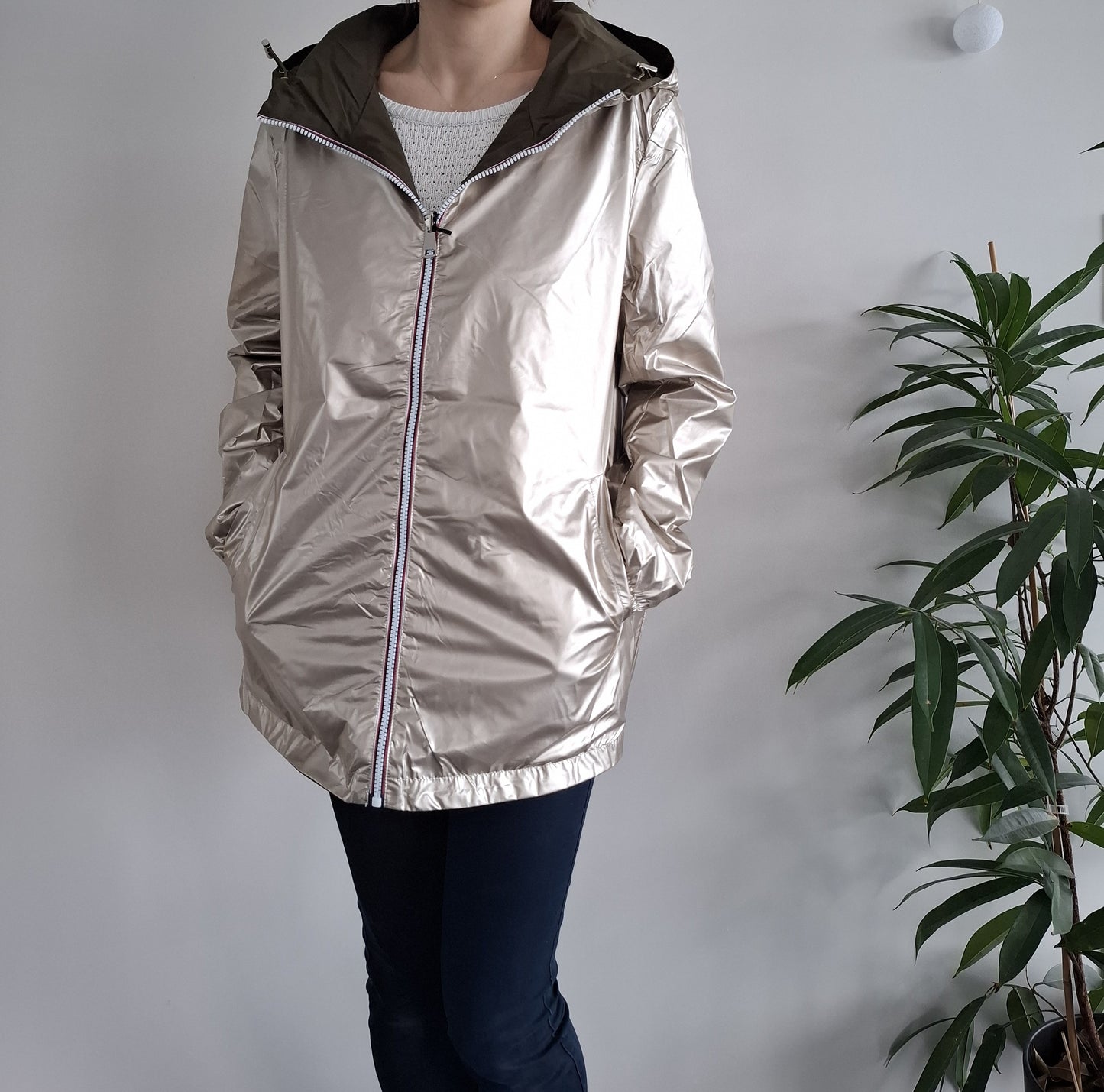 Manteau imperméable réversible mi-long léger Kaki/doré