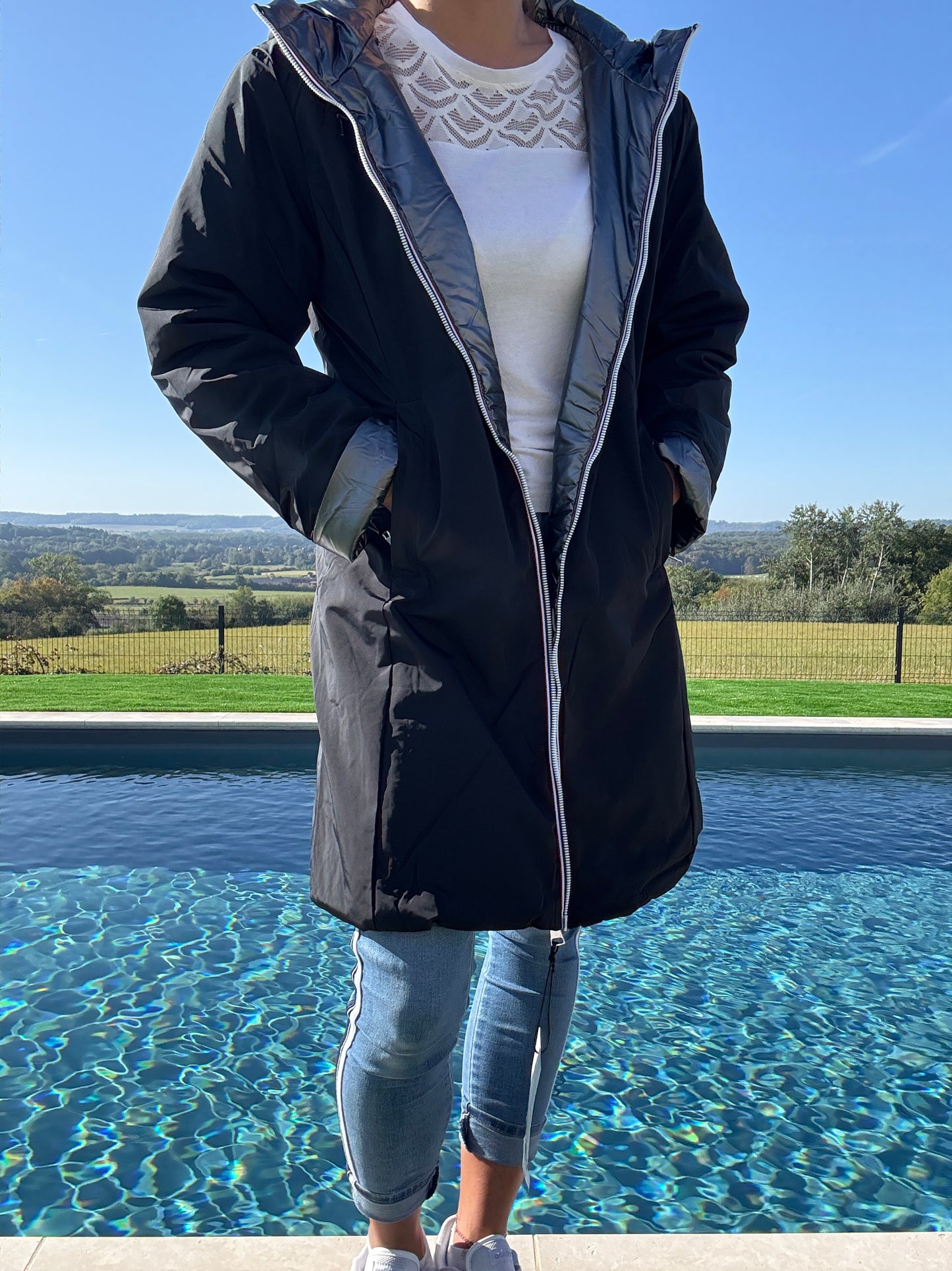 Melya Melody - Imperméable réversible long avec garnissage ouate couleur noir/argenté - Curvy
