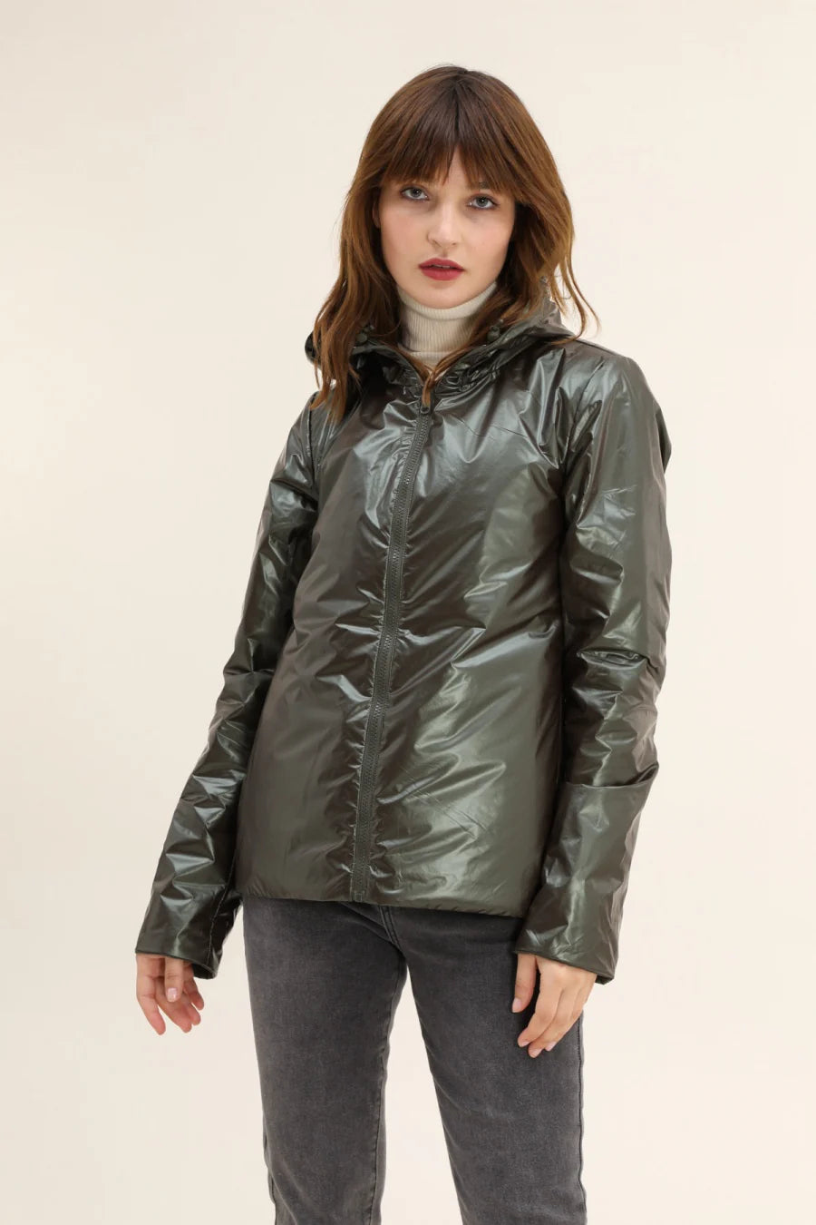 Laura Jo - Imperméable réversible court mi-saison avec garnissage ouate et zip uni (mat/brillant) kaki