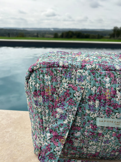 Sac week-end polochon en coton matelassé multicolore liberty fleuri rouge et blanc