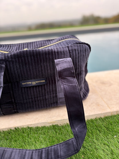 Sac week-end de voyage polochon velours matelassé bleu marine