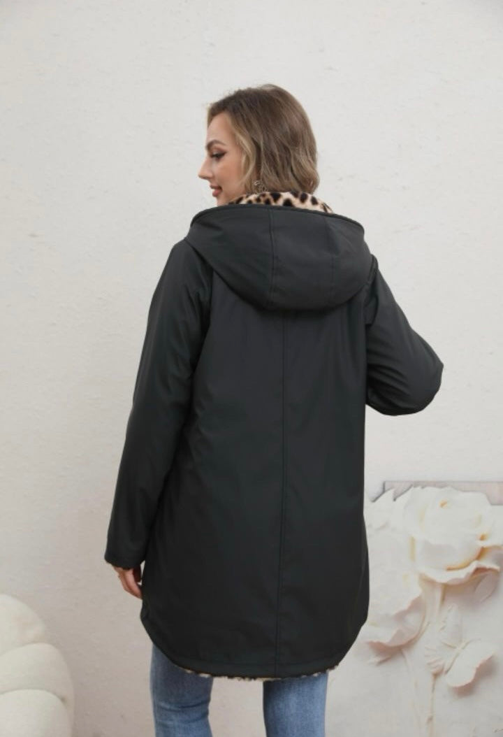 Melya Melody - Manteau long cuisses fourré réversible imperméable noir léopard