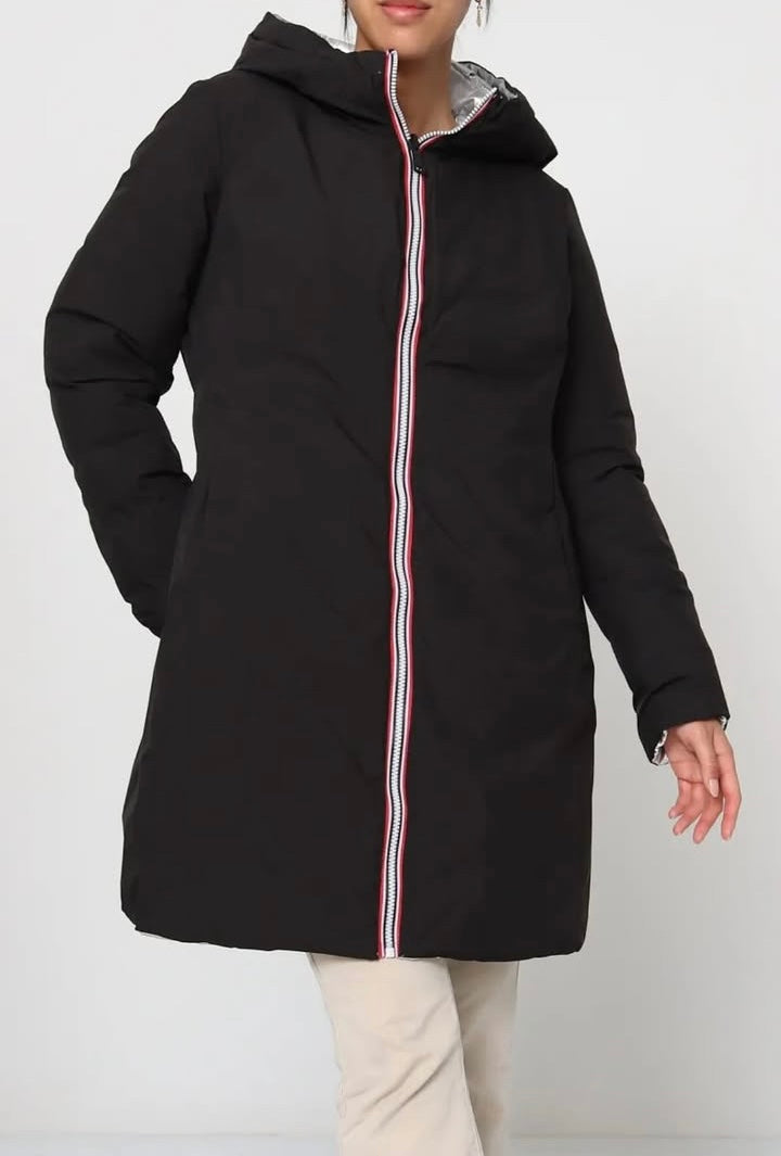 Doudoune manteau imperméable long noir réversible matelassé argenté