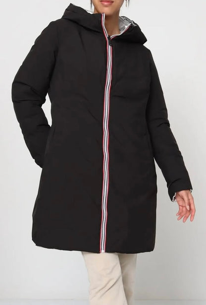 Nouveautés - Doudoune longue FEMME imperméable, matelassé argentée et réversible noir