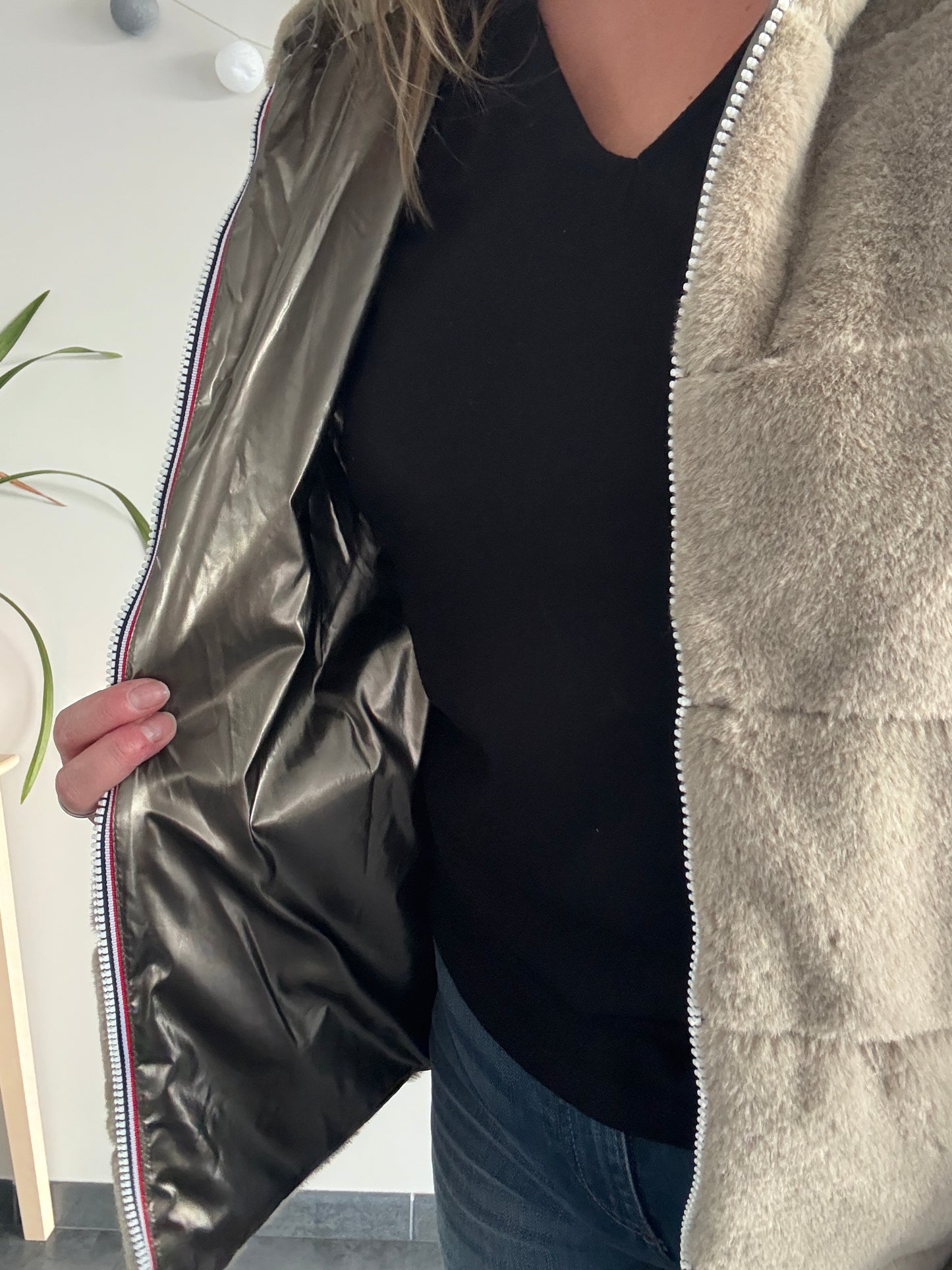 Laura Jo - Manteau imperméable court bronze fourré et réversible