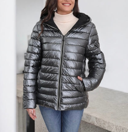 Melya Melody - Manteau court noir réversible et imperméable matelassé argenté brillant
