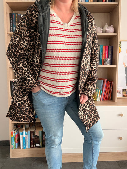 Parka Impermeable Reversible Larga de Mujer Laura Jo - Negra y Leopardo con Capucha