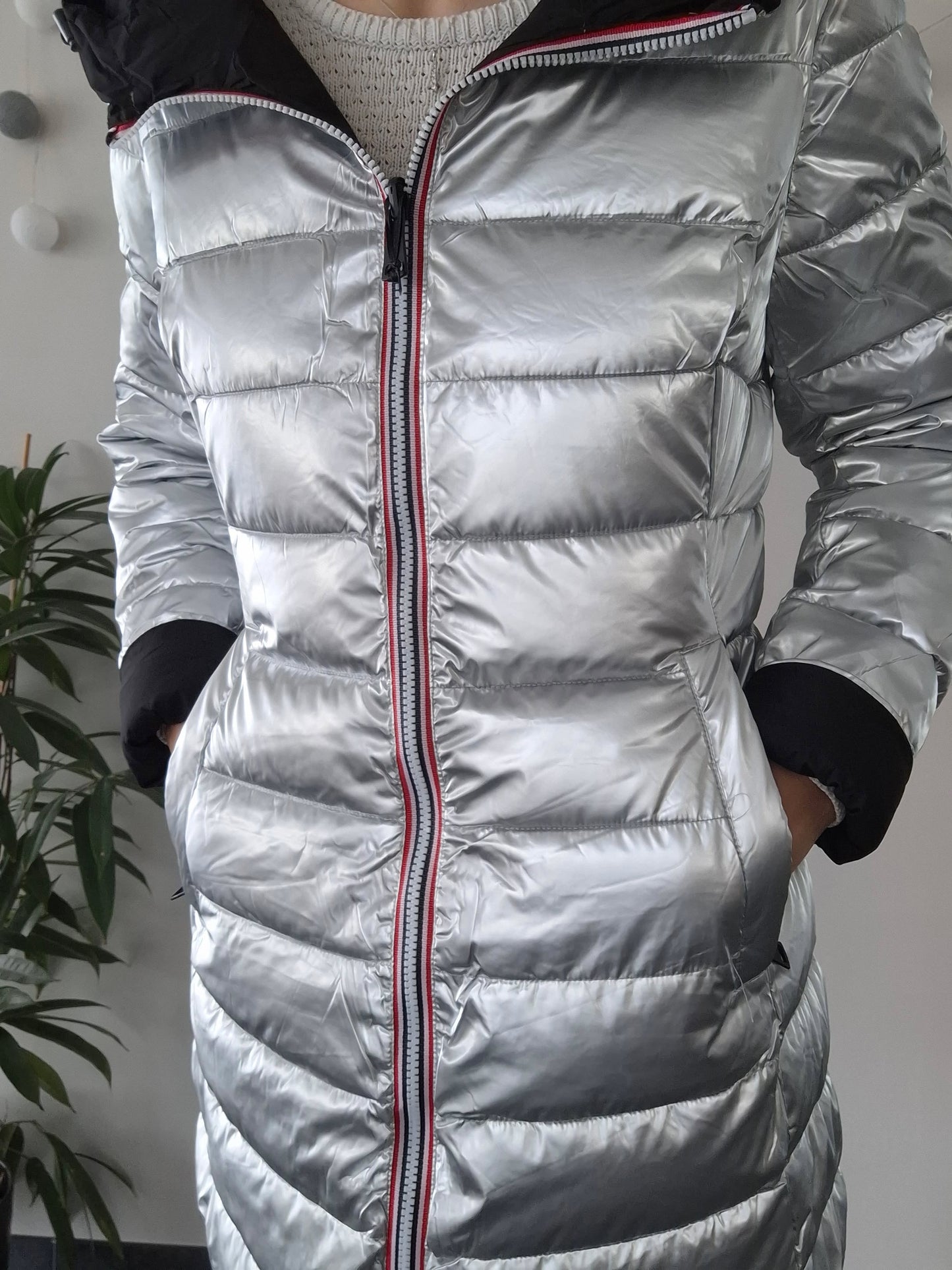 Doudoune manteau imperméable long noir réversible matelassé argenté