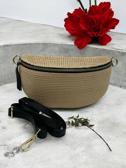 Sac banane tissu effet paille bandouliere noir en cuir