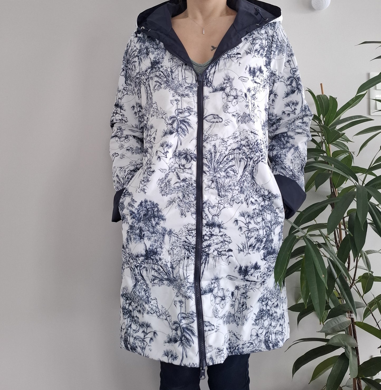 Laura Jo - Imperméable bleu marine réversible motif jungle long mi-saison garnissage ouate