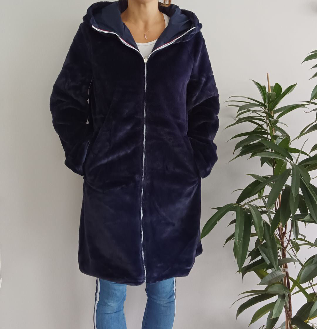 Melya Melody - Manteau long fourré fausse fourrure réversible imperméable bleu marine