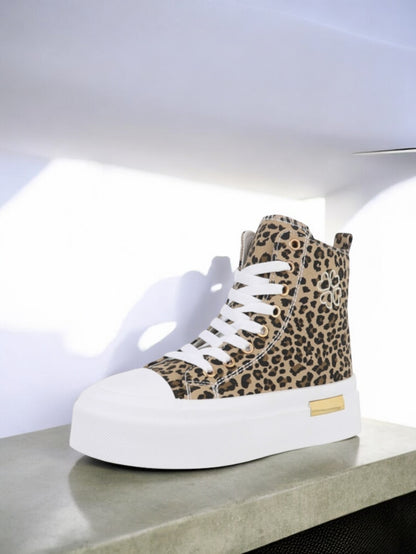 Chaussures baskets hautes en tissu toile leopard marron beige semelles compensées