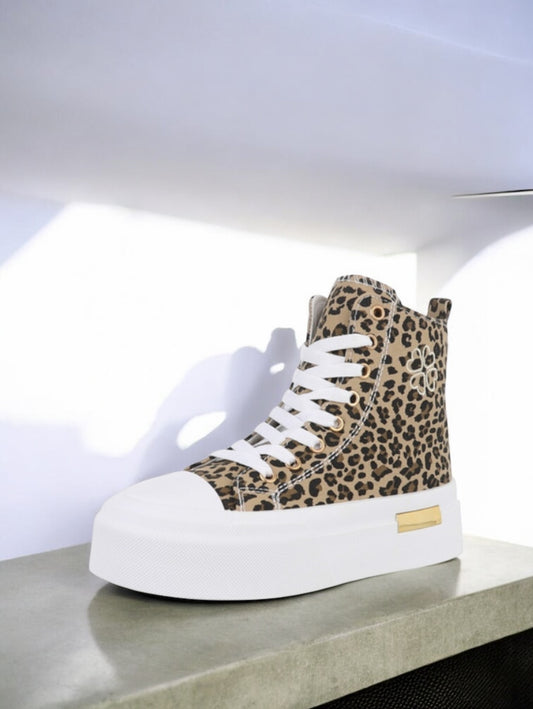 Chaussures baskets hautes en tissu toile leopard marron beige semelles compensées