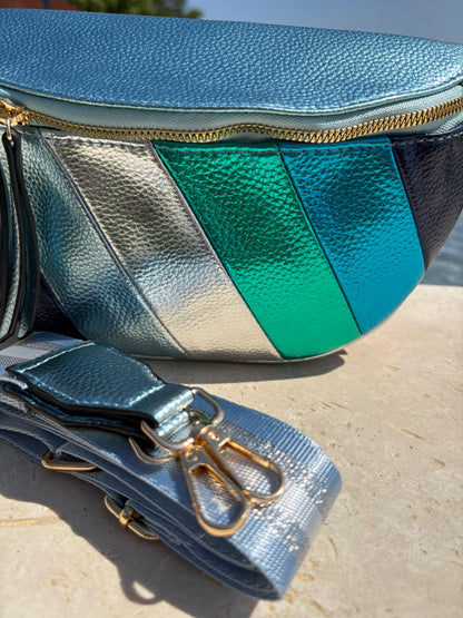 Sac banane simili cuir argenté bleu turquoise