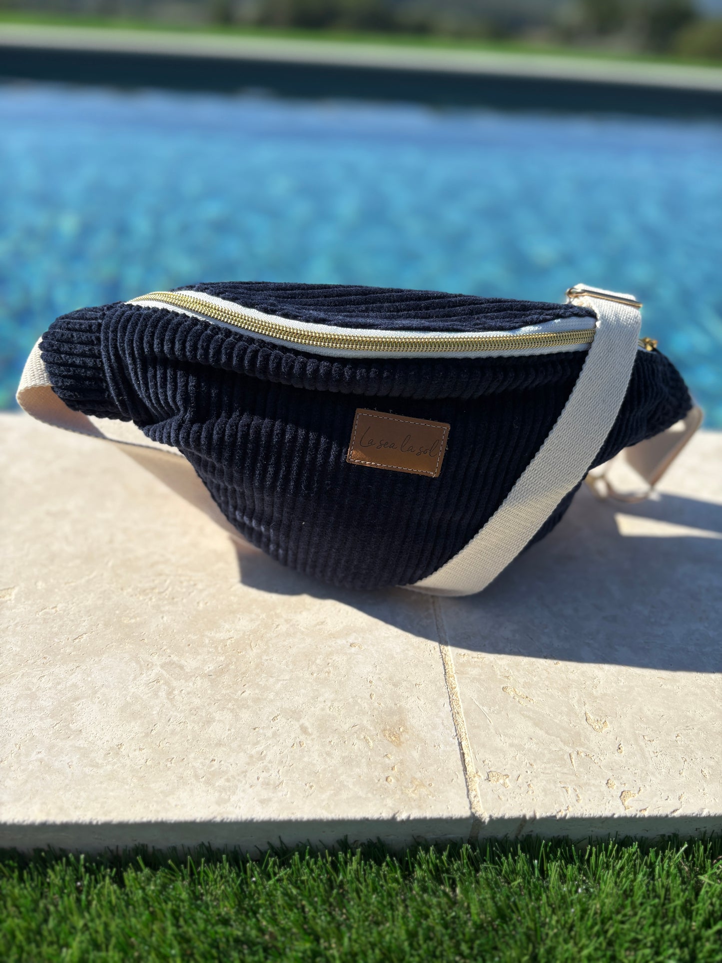 Sac banane velours cotelé bleu marine intérieur coton fait main