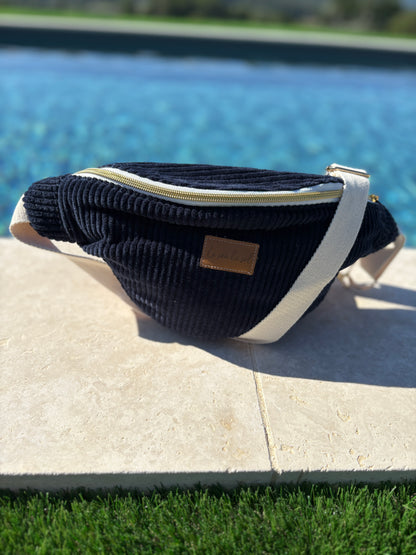 Sac banane velours cotelé bleu marine intérieur coton fait main