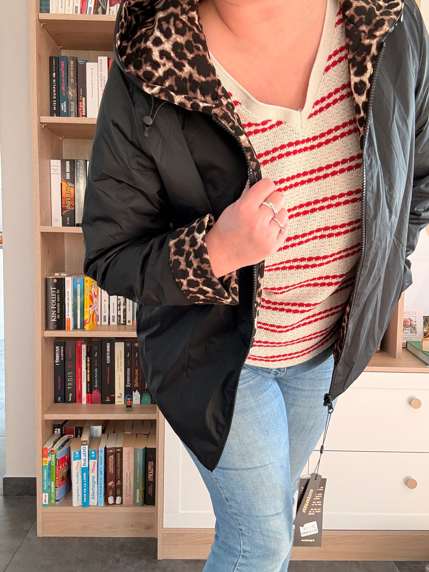 Laura Jo - Imperméable noir réversible léopard court mi-saison garnissage ouate