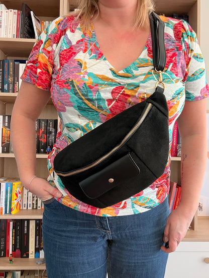 Sac banane XL femme noir effet daim et simili cuir – grand format tendance, bandoulière réglable, poche zippée