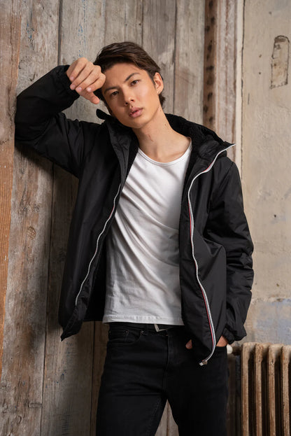 Laura Jo - Manteau HOMME imperméable court fourré fausse fourrure sherpa noir