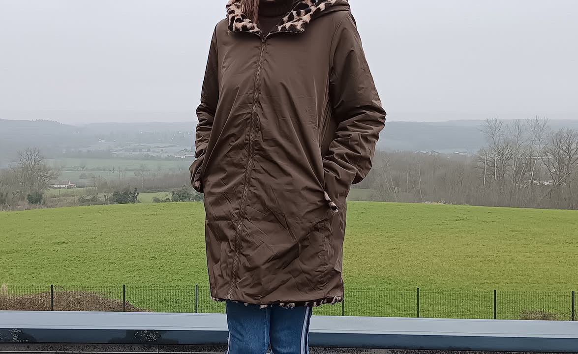 Melya Melody - Manteau long cuisses fourré réversible imperméable kaki marron léopard