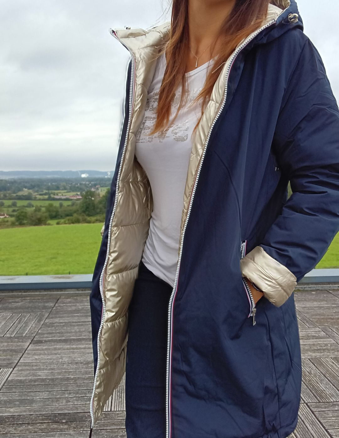 Melya Melody - Manteau long réversible et imperméable matelassé bleu marine doré