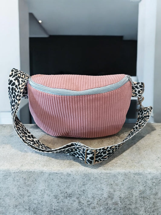 Sac banane en velours côtelé rose doublure en coton sangle fantaisie