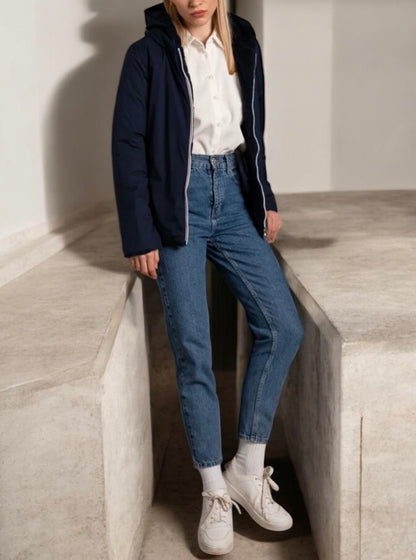 Laura Jo - Manteau imperméable court bleu marine fourré et réversible