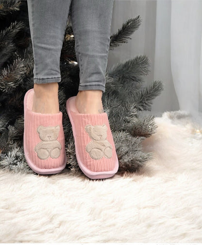 Chaussons fourrés rose en tissu avec motif ours