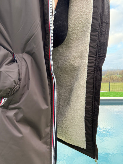 Laura Jo - Imperméable fourré long fausse fourrure marron chocolat intérieur sherpa beige