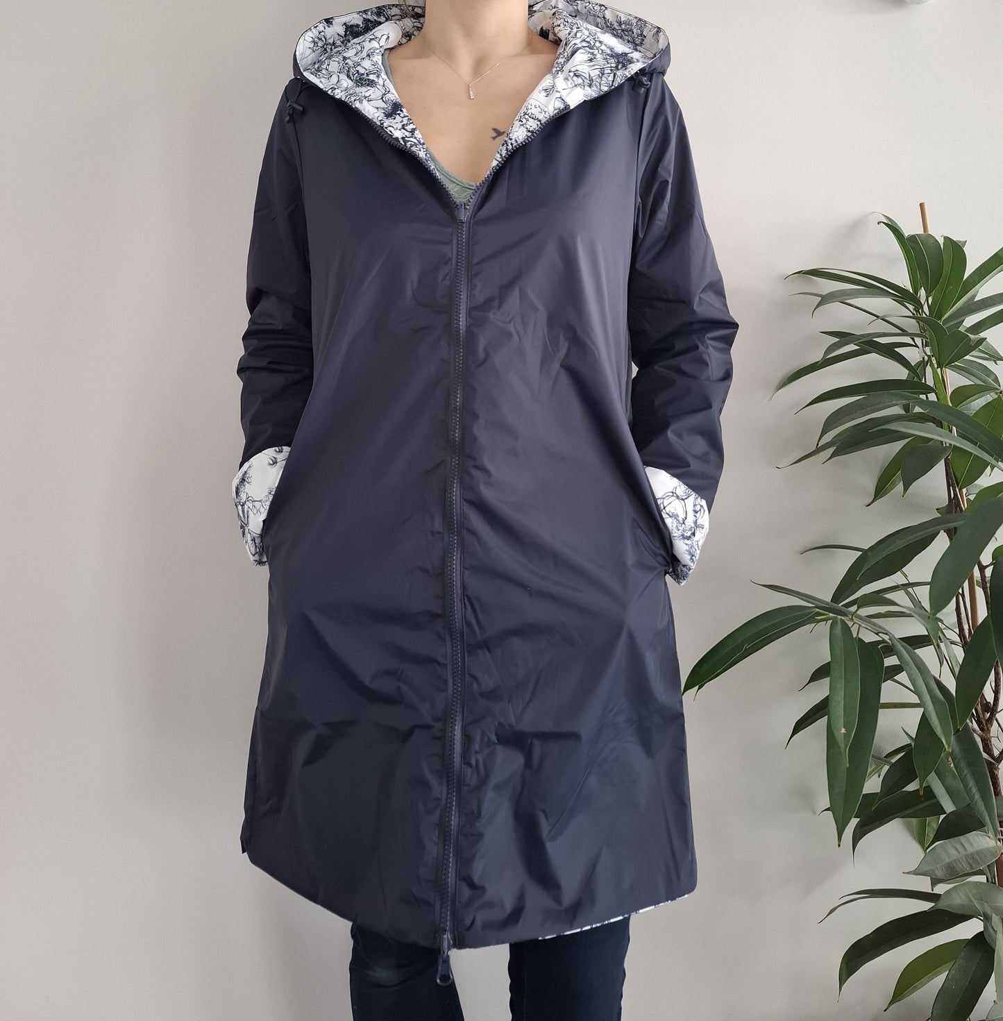 Laura Jo - Imperméable bleu marine réversible motif jungle long mi-saison garnissage ouate