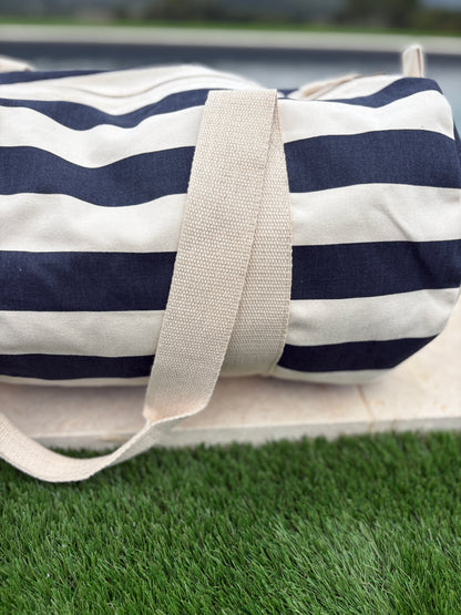 Sac polochon en coton rayé bleu marine et blanc