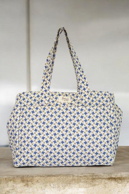 Sac week-end de voyage polochon coton design imprimé avec un motif géométrique bleu et beige