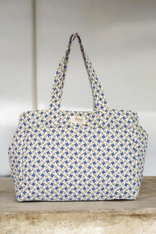 Sac week-end de voyage polochon coton design imprimé avec un motif géométrique bleu et beige