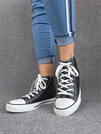 Chaussures baskets hautes simili cuir noir style converse