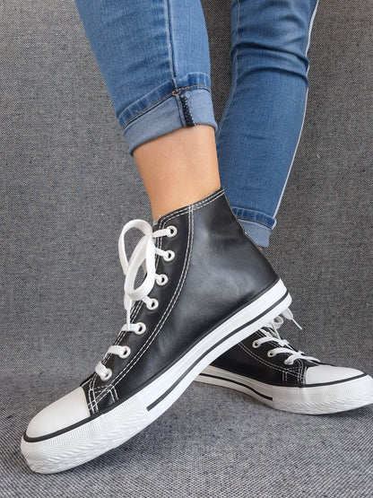 Chaussures baskets hautes simili cuir noir style converse