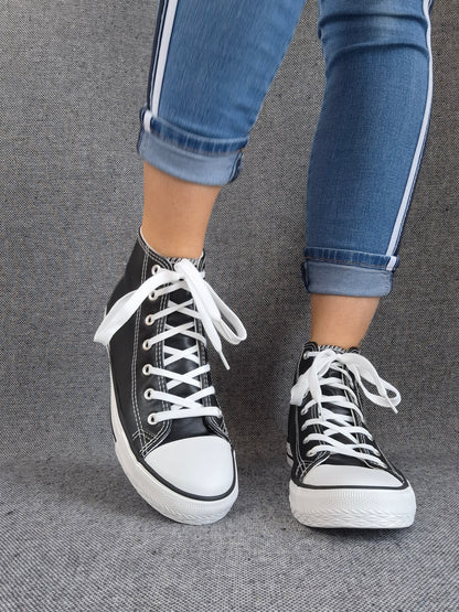 Chaussures baskets hautes simili cuir noir style converse