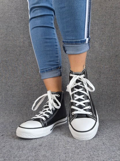Chaussures baskets hautes simili cuir noir style converse