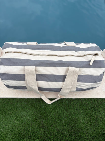 Sac polochon en coton rayé gris et blanc