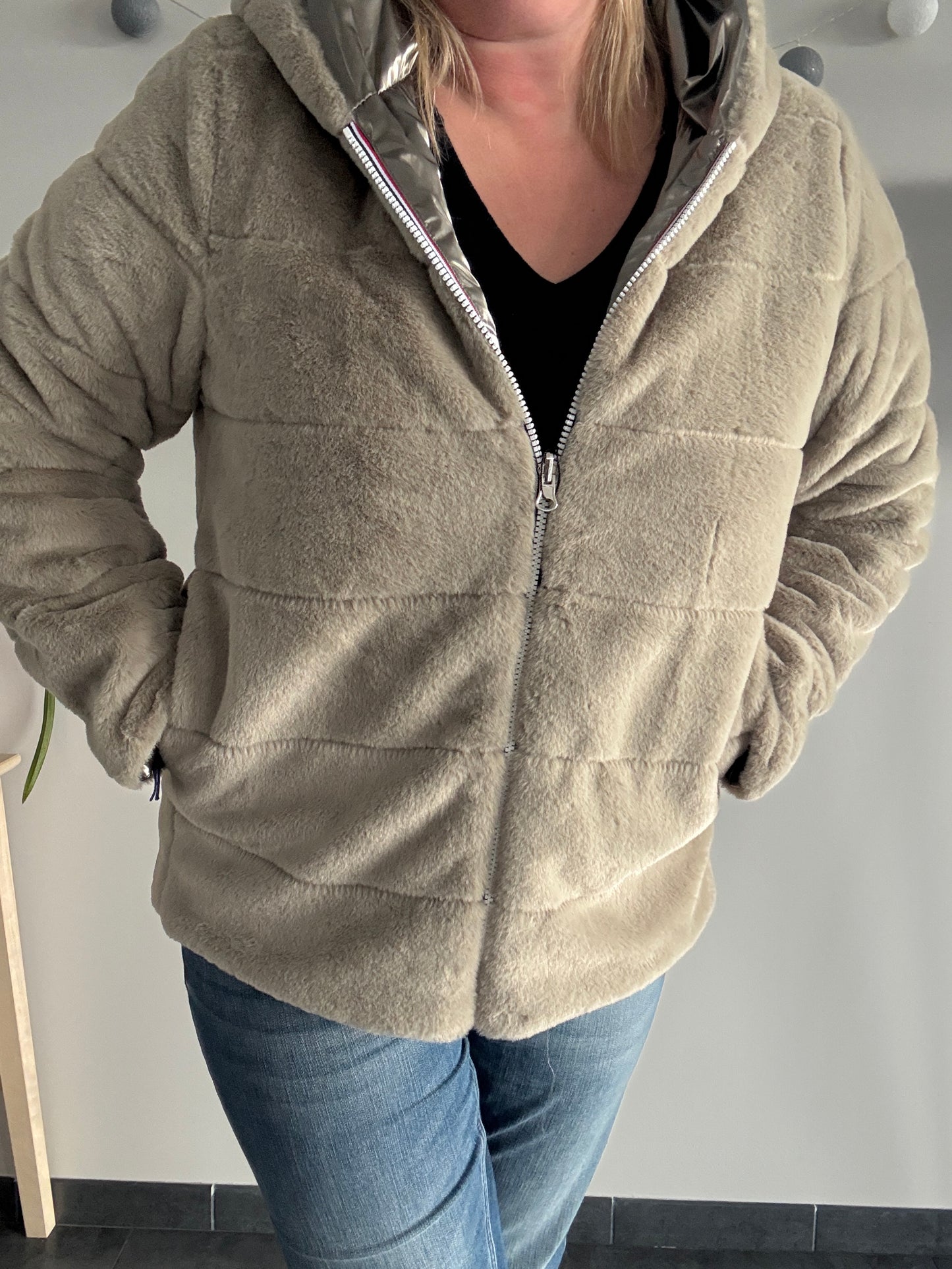 Laura Jo - Manteau imperméable court bronze fourré et réversible