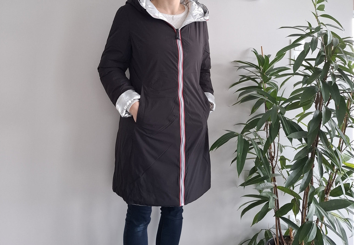 Doudoune manteau imperméable long noir réversible matelassé argenté