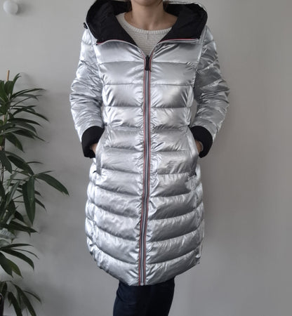 Doudoune manteau imperméable long noir réversible matelassé argenté